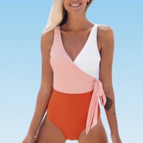 NEW CUPSHE COLOR BLOCK ORANGE ONE PIECE SWIMSUIT - Picture 1 of 9